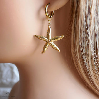 Gold Starfish Earrings with Huggie Hoop, Beach Inspired Dangle Earrings Light Weight, Tropical Ocean Jewelry