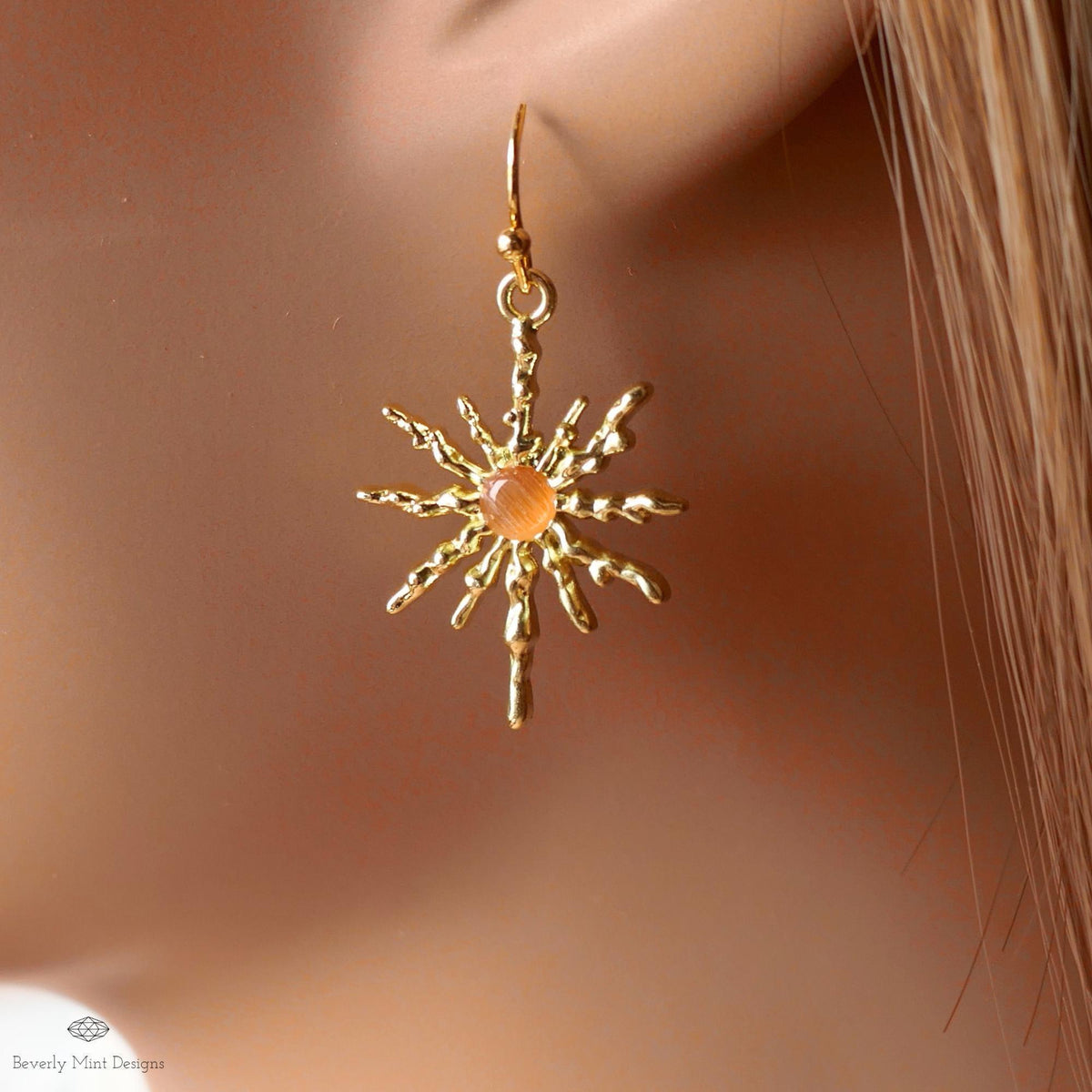Sun Earrings, Gold Sunburst Earrings with Orange Stone, Celestial Boho Jewelry, Dangle Earrings for Women, Sensitive Ear & Clip-On Options