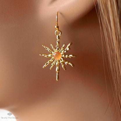 Sun Earrings, Gold Sunburst Earrings with Orange Stone, Celestial Boho Jewelry, Dangle Earrings for Women, Sensitive Ear & Clip-On Options