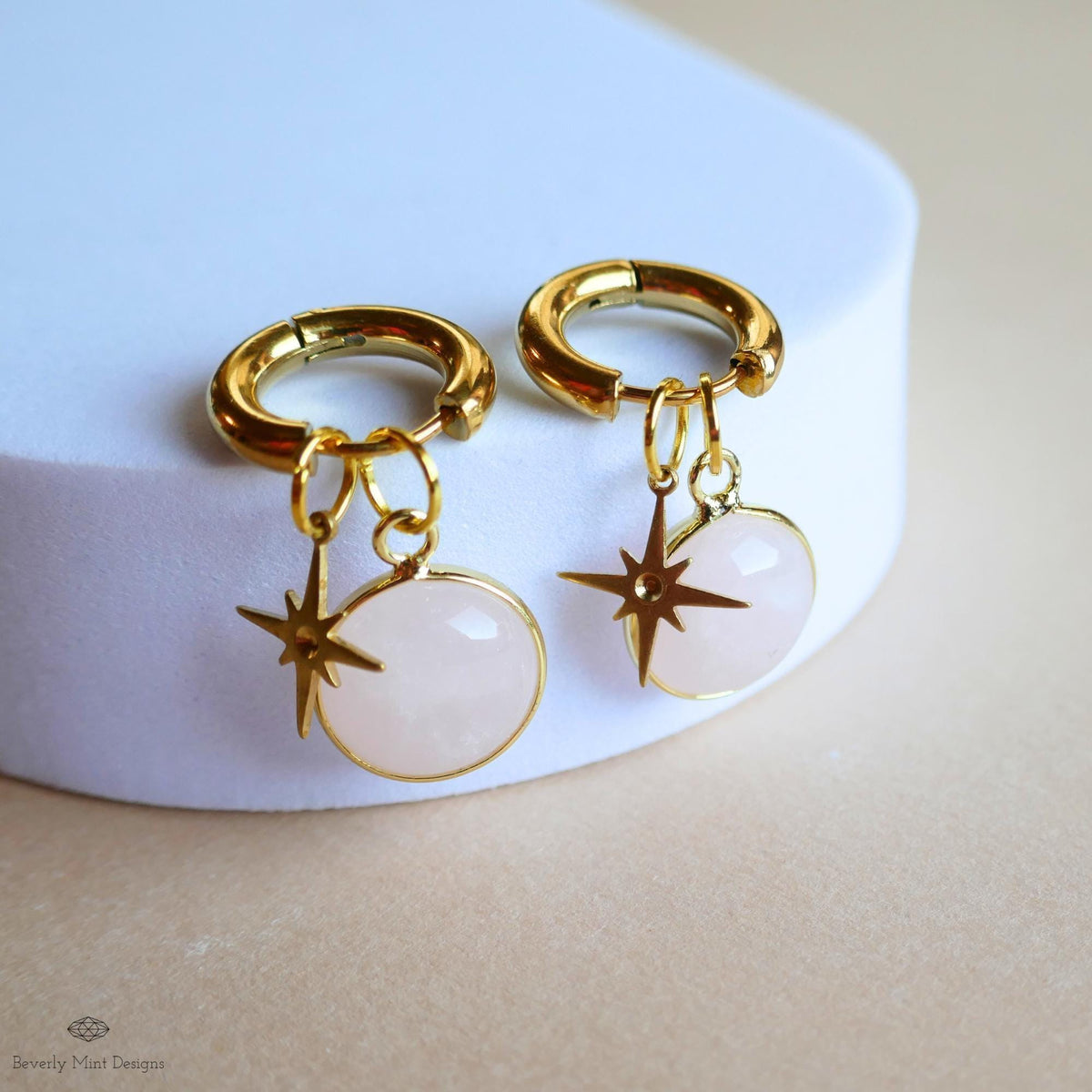 Rose quartz star earrings, Natural stone hoop earrings, gold dangle hoops, boho celestial jewelry, pink crystal earrings