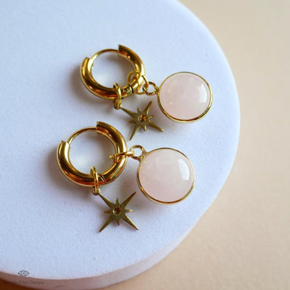 Rose quartz star earrings, Natural stone hoop earrings, gold dangle hoops, boho celestial jewelry, pink crystal earrings