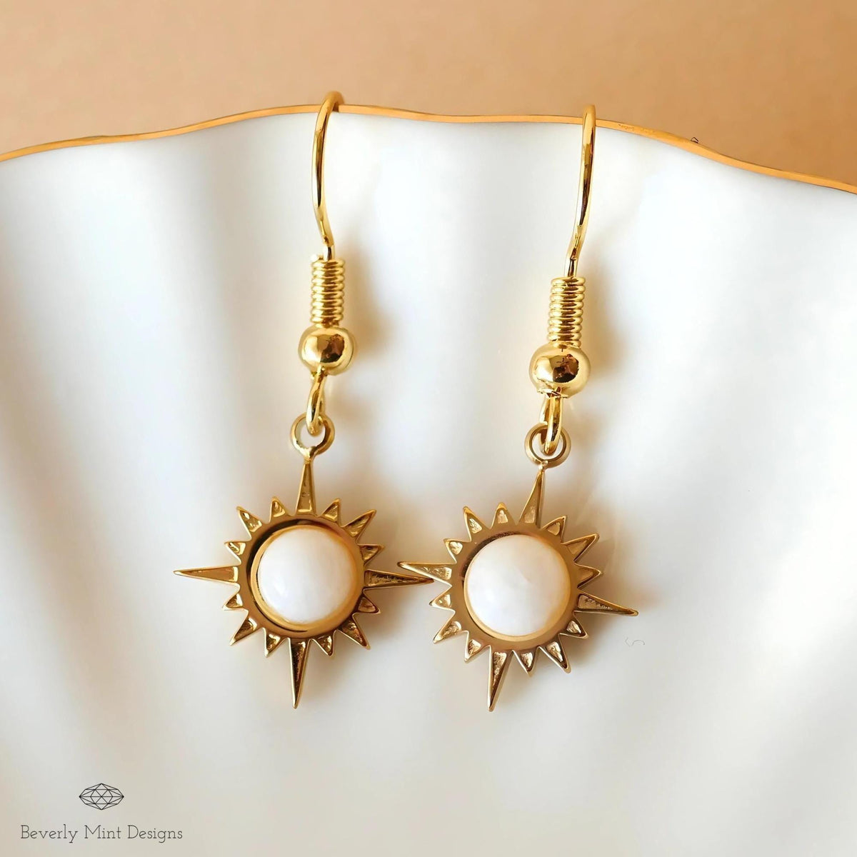 Sun Earrings ,Boho Sun Earrings 18K Gold Plated Small Earrings, White Earrings , Boho Style Earrings, Sensitive Ear & Clip-On Options