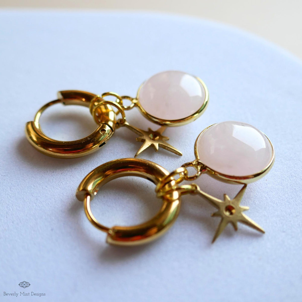 Rose quartz star earrings, Natural stone hoop earrings, gold dangle hoops, boho celestial jewelry, pink crystal earrings
