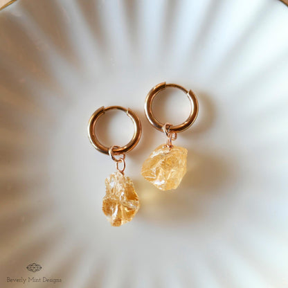 Citrine Earrings, Rose Gold Huggie Hoop Earrings with November Birthstone, Natural Stone Earrings , Chakra Stone