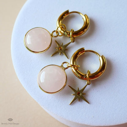 Rose quartz star earrings, Natural stone hoop earrings, gold dangle hoops, boho celestial jewelry, pink crystal earrings