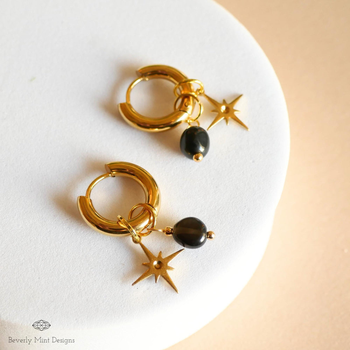 Gold Star Hoop Earrings, Minimalist Dangle Hoops, Celestial Statement Jewelry, 18K Gold Huggie Earrings, Chunky Huggie Hoops