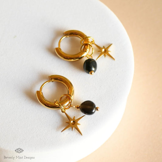 Gold Star Hoop Earrings, Minimalist Dangle Hoops, Celestial Statement Jewelry, 18K Gold Huggie Earrings, Chunky Huggie Hoops
