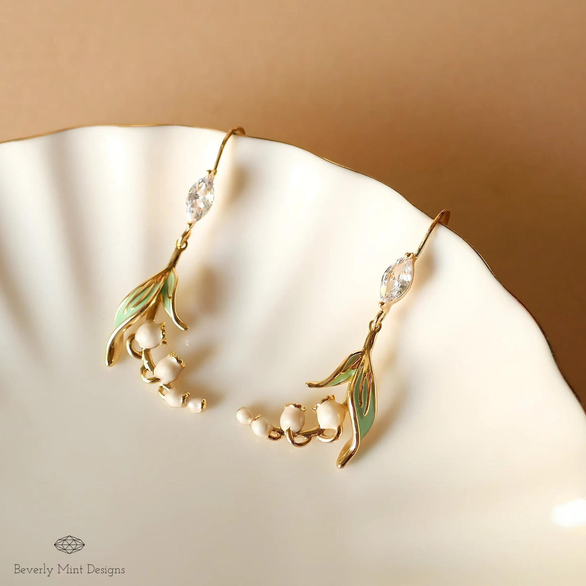 Floral Dangle Earrings, Gold Lily Of The Valley Earrings, Birth Flower for May,  Nature-Inspired Cubic Zirconia