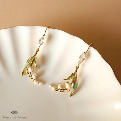 Floral Dangle Earrings, Gold Lily Of The Valley Earrings, Birth Flower for May,  Nature-Inspired Cubic Zirconia