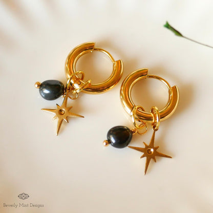 Gold Star Hoop Earrings, Minimalist Dangle Hoops, Celestial Statement Jewelry, 18K Gold Huggie Earrings, Chunky Huggie Hoops