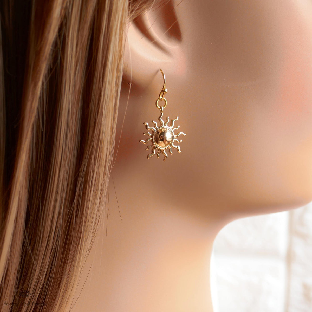 Gold Sunburst Dangle Earrings, Celestial Gold Drop Earrings, Minimalist Sun Earrings, Sensitive Ear & Clip-On Options