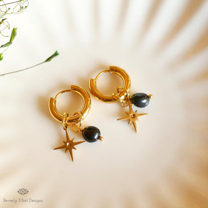 Gold Star Hoop Earrings, Minimalist Dangle Hoops, Celestial Statement Jewelry, 18K Gold Huggie Earrings, Chunky Huggie Hoops