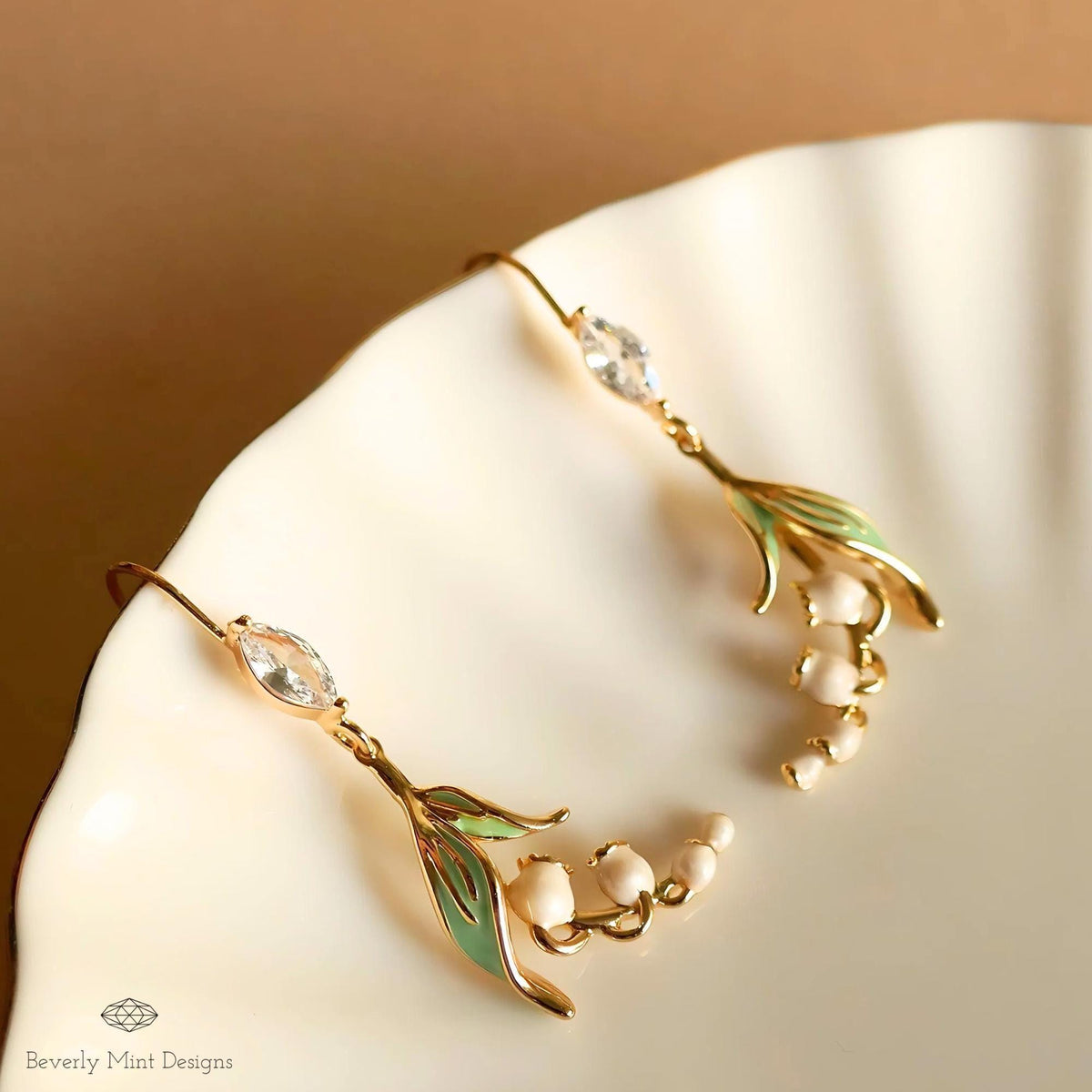 Floral Dangle Earrings, Gold Lily Of The Valley Earrings, Birth Flower for May,  Nature-Inspired Cubic Zirconia