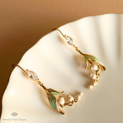 Floral Dangle Earrings, Gold Lily Of The Valley Earrings, Birth Flower for May,  Nature-Inspired Cubic Zirconia