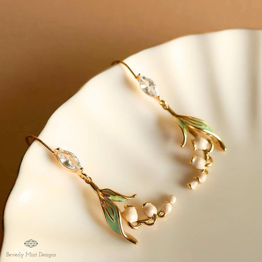 Floral Dangle Earrings, Gold Lily Of The Valley Earrings, Birth Flower for May,  Nature-Inspired Cubic Zirconia