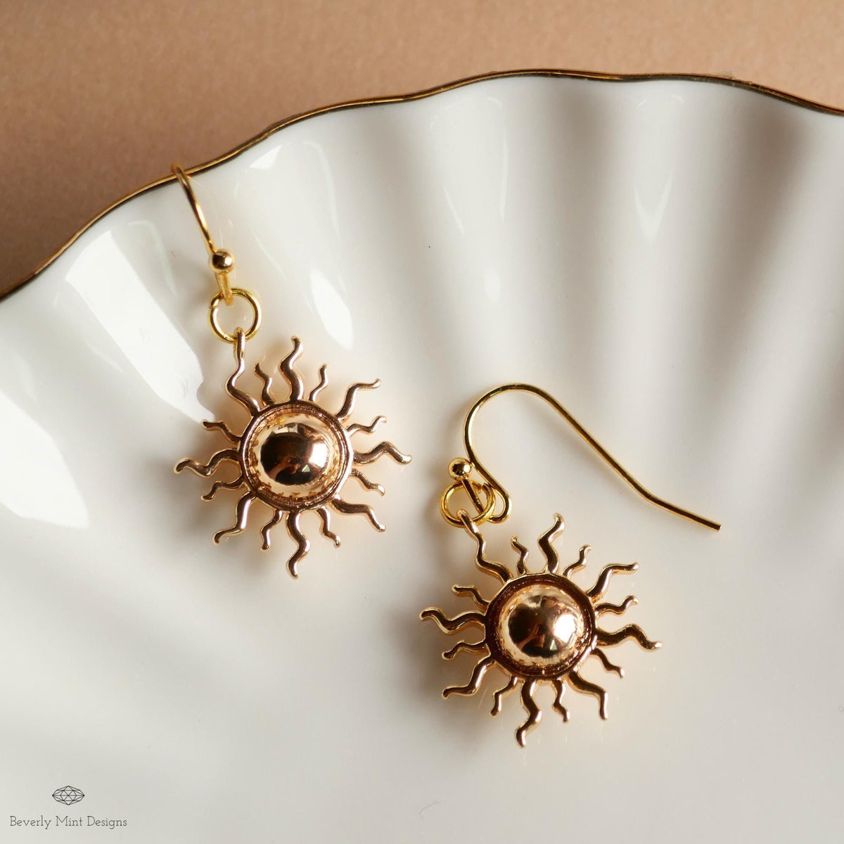 Gold Sunburst Dangle Earrings, Celestial Gold Drop Earrings, Minimalist Sun Earrings, Sensitive Ear & Clip-On Options