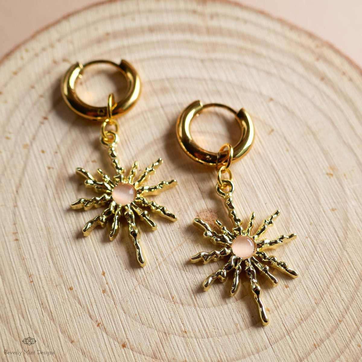 Gold Sunburst Hoop Earrings with Pink Stone, Celestial Statement Jewelry, Chunky Huggie Earrings, Boho Dangle Earrings