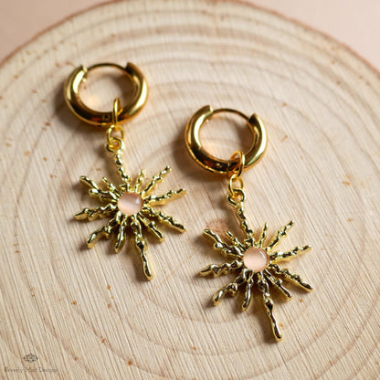 Gold Sunburst Hoop Earrings with Pink Stone, Celestial Statement Jewelry, Chunky Huggie Earrings, Boho Dangle Earrings