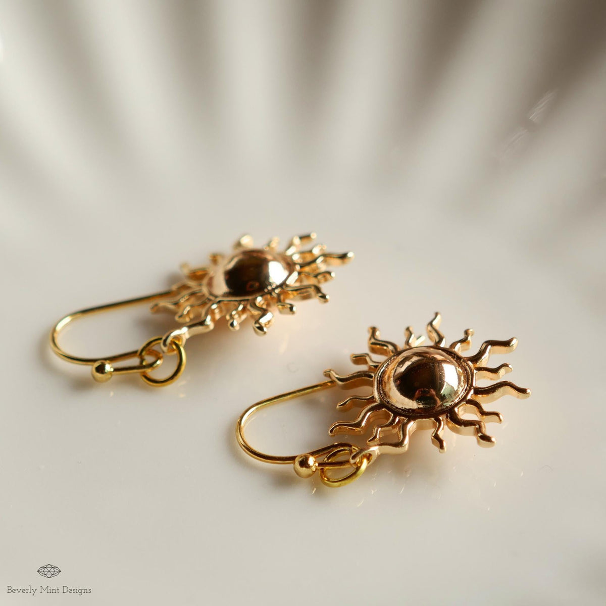 Gold Sunburst Dangle Earrings, Celestial Gold Drop Earrings, Minimalist Sun Earrings, Sensitive Ear & Clip-On Options