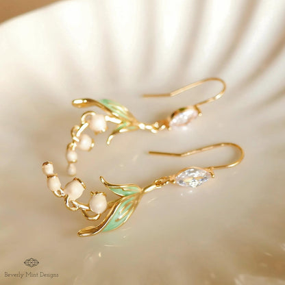 Floral Dangle Earrings, Gold Lily Of The Valley Earrings, Birth Flower for May,  Nature-Inspired Cubic Zirconia