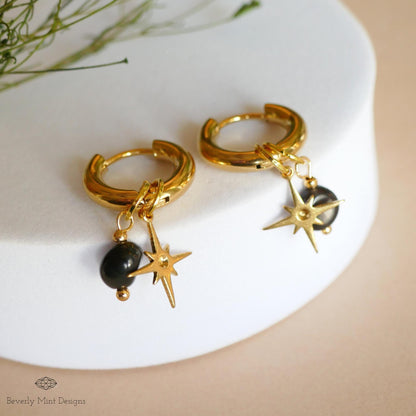 Gold Star Hoop Earrings, Minimalist Dangle Hoops, Celestial Statement Jewelry, 18K Gold Huggie Earrings, Chunky Huggie Hoops