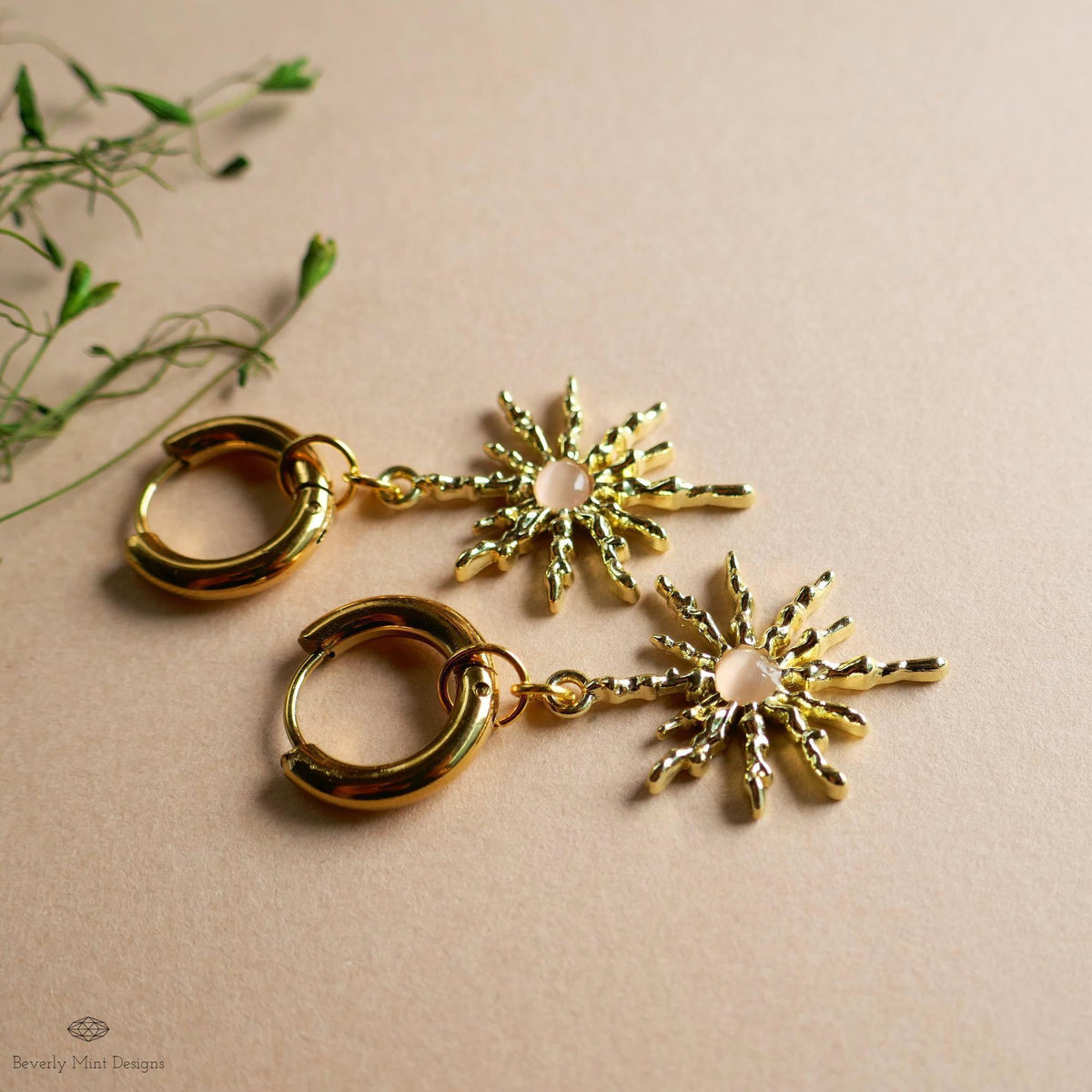 Gold Sunburst Hoop Earrings with Pink Stone, Celestial Statement Jewelry, Chunky Huggie Earrings, Boho Dangle Earrings