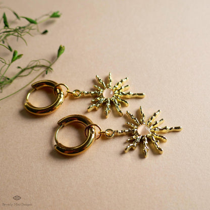Gold Sunburst Hoop Earrings with Pink Stone, Celestial Statement Jewelry, Chunky Huggie Earrings, Boho Dangle Earrings