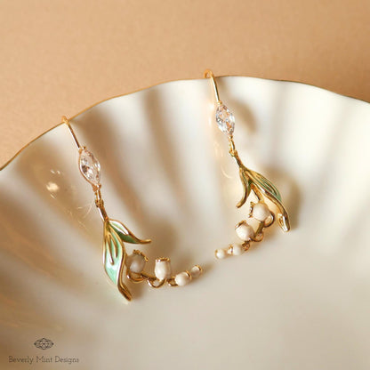 Floral Dangle Earrings, Gold Lily Of The Valley Earrings, Birth Flower for May,  Nature-Inspired Cubic Zirconia