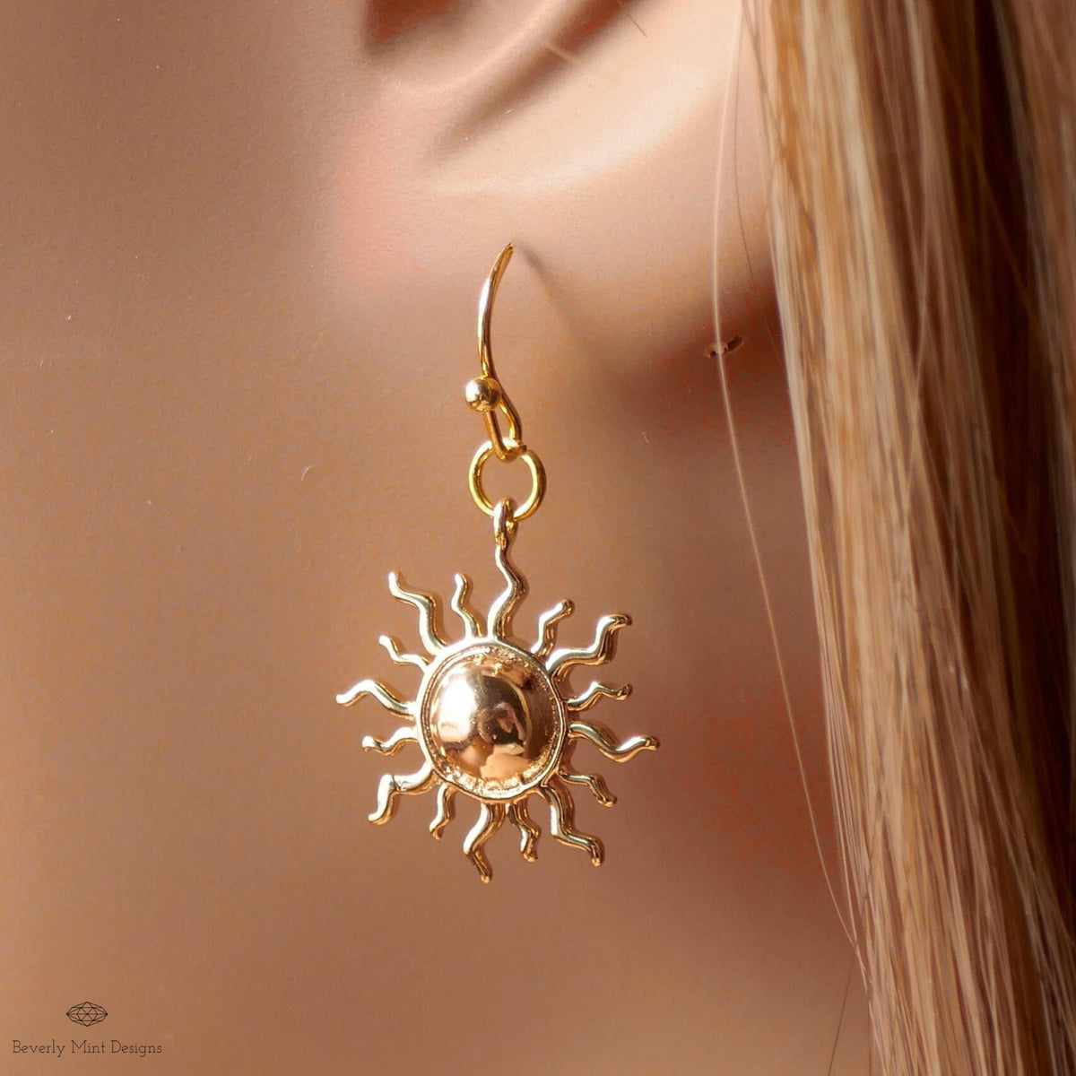 Gold Sunburst Dangle Earrings, Celestial Gold Drop Earrings, Minimalist Sun Earrings, Sensitive Ear & Clip-On Options