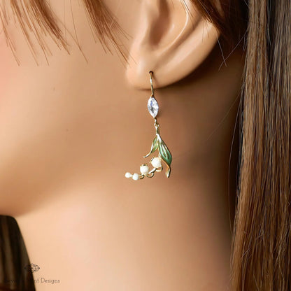 Floral Dangle Earrings, Gold Lily Of The Valley Earrings, Birth Flower for May,  Nature-Inspired Cubic Zirconia