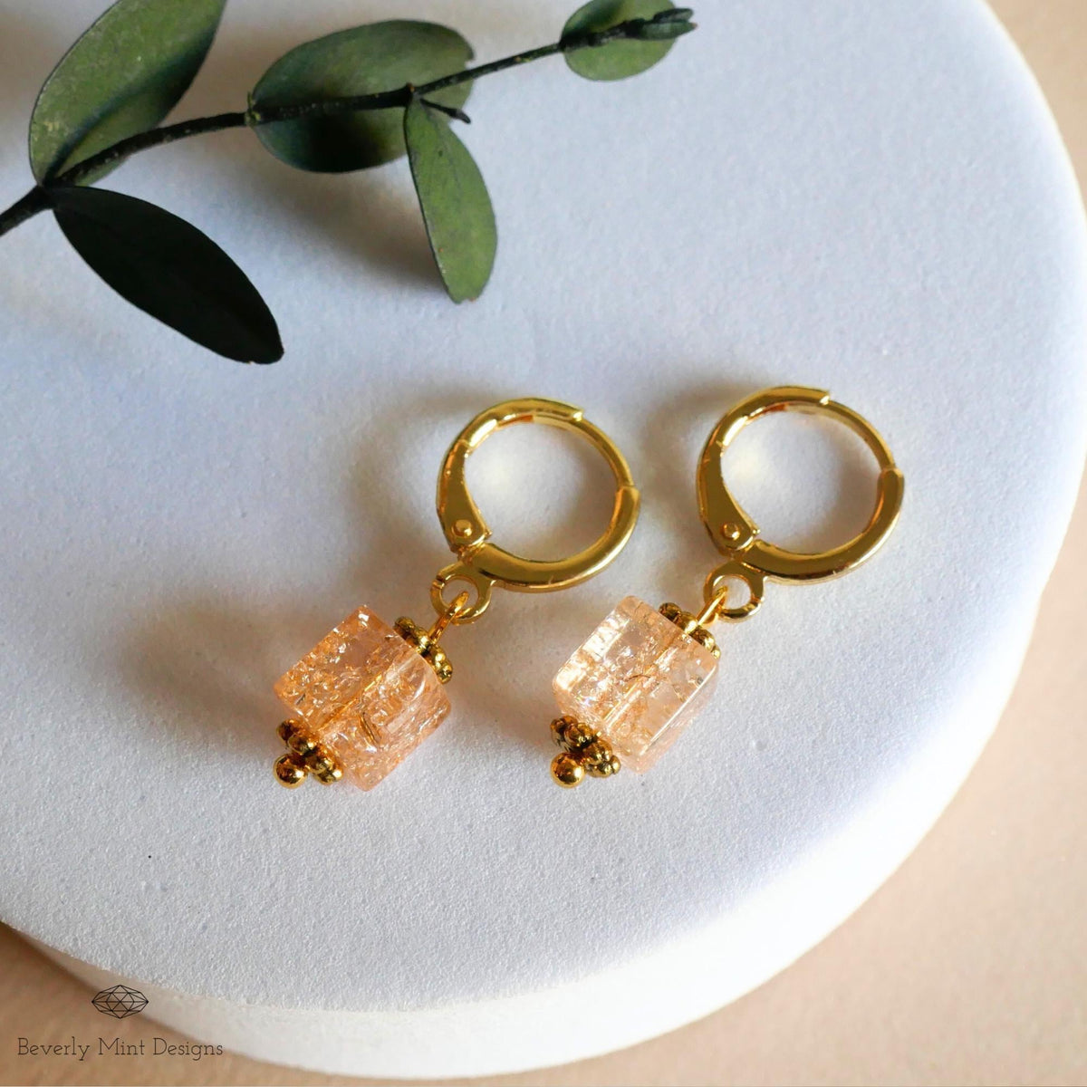Gold Hoop Earrings, Coral Glass Bead Earrings, Minimalist Dangle Earrings, Sensitive Ear & Clip-On Options