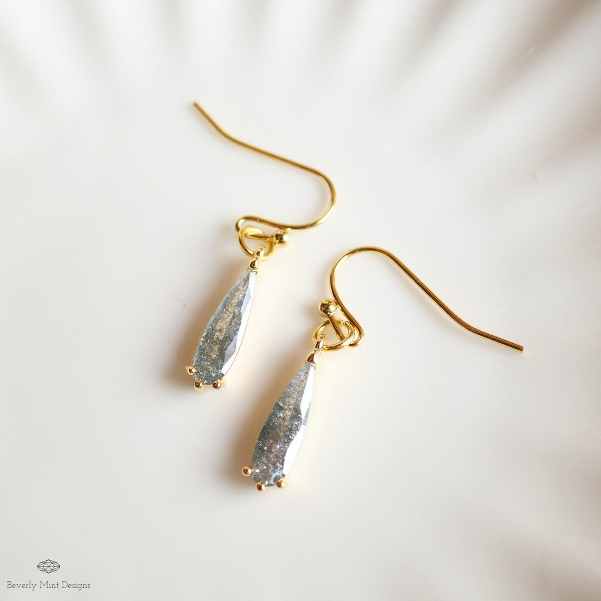 Teardrop Sparkle Earrings, Gray Dangle Earrings Gold Drop Earrings Grey Dainty Glitter Jewelry Bridesmaid, Sensitive Ear & Clip-On Options