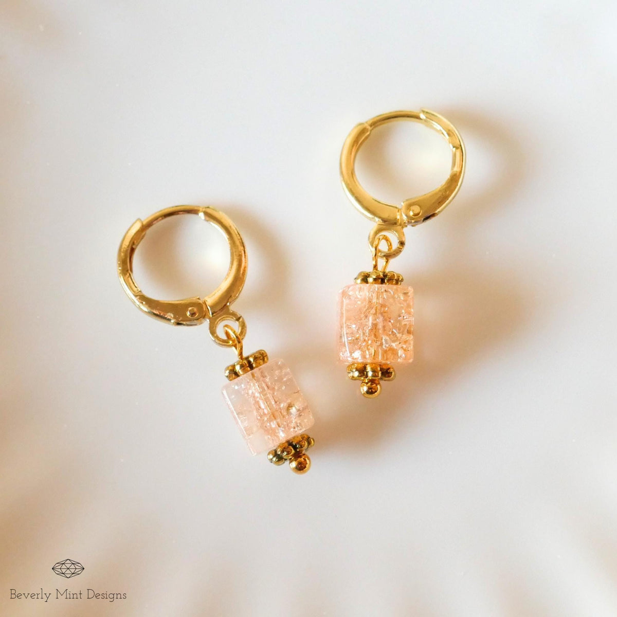 Gold Hoop Earrings, Coral Glass Bead Earrings, Minimalist Dangle Earrings, Sensitive Ear & Clip-On Options