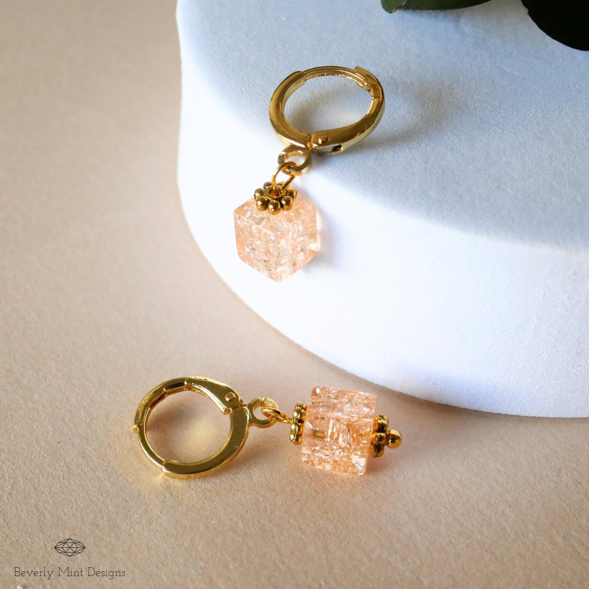 Gold Hoop Earrings, Coral Glass Bead Earrings, Minimalist Dangle Earrings, Sensitive Ear & Clip-On Options
