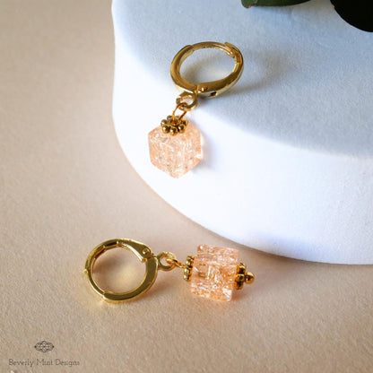 Gold Hoop Earrings, Coral Glass Bead Earrings, Minimalist Dangle Earrings, Sensitive Ear & Clip-On Options
