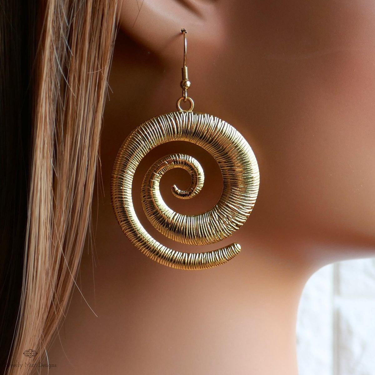 Gold Spiral Earrings, Extra Large Statement Earrings, Textured Dangle Earrings, Bold Boho Jewelry, Sensitive Ear & Clip-On Options