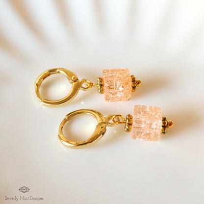 Gold Hoop Earrings, Coral Glass Bead Earrings, Minimalist Dangle Earrings, Sensitive Ear & Clip-On Options