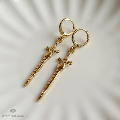 Gold Sword Huggie Earrings, Gothic Dagger Hoop Earrings, Medieval Fantasy Jewelry, Statement Drop Earrings, Sensitive Ear & Clip-On Options