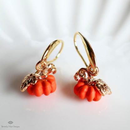Pumpkin Earrings, Fall Dangle Earrings, Halloween Jewelry, Autumn Gold Earrings, Cute Pumpkin Charms, Sensitive Ear & Clip-On Options