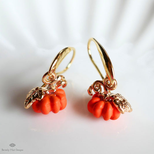 Pumpkin Earrings, Fall Dangle Earrings, Halloween Jewelry, Autumn Gold Earrings, Cute Pumpkin Charms, Sensitive Ear & Clip-On Options