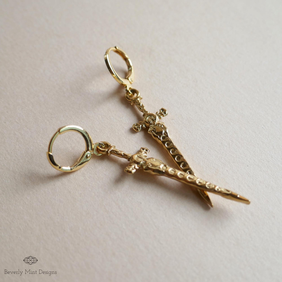 Gold Sword Huggie Earrings, Gothic Dagger Hoop Earrings, Medieval Fantasy Jewelry, Statement Drop Earrings, Sensitive Ear & Clip-On Options