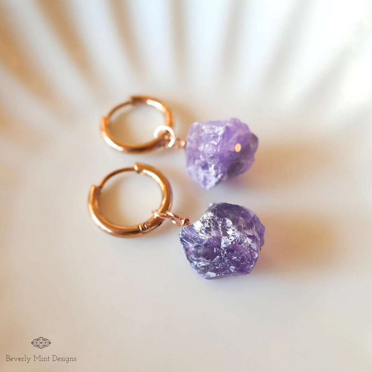 Raw Amethyst Huggie Hoop Earrings, Rose Gold February Birthstone, Chakra Stone Jewelry