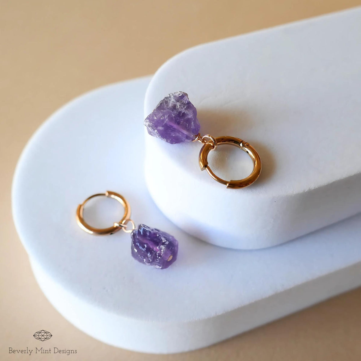 Raw Amethyst Huggie Hoop Earrings, Rose Gold February Birthstone, Chakra Stone Jewelry