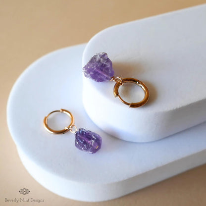 Raw Amethyst Huggie Hoop Earrings, Rose Gold February Birthstone, Chakra Stone Jewelry