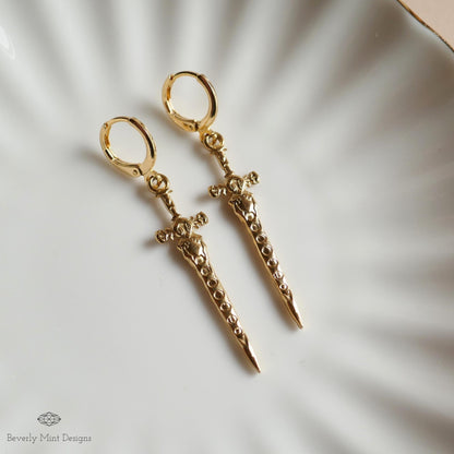Gold Sword Huggie Earrings, Gothic Dagger Hoop Earrings, Medieval Fantasy Jewelry, Statement Drop Earrings, Sensitive Ear & Clip-On Options