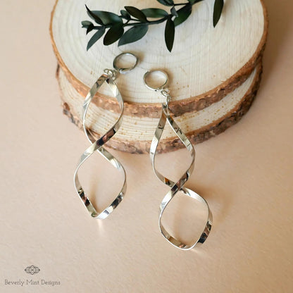 Silver Earrings, Twirl Earrings , Silver Drop Earrings, Silver Twisted Earrings, Silver Long Earrings, Sensitive Ear & Clip-On Options