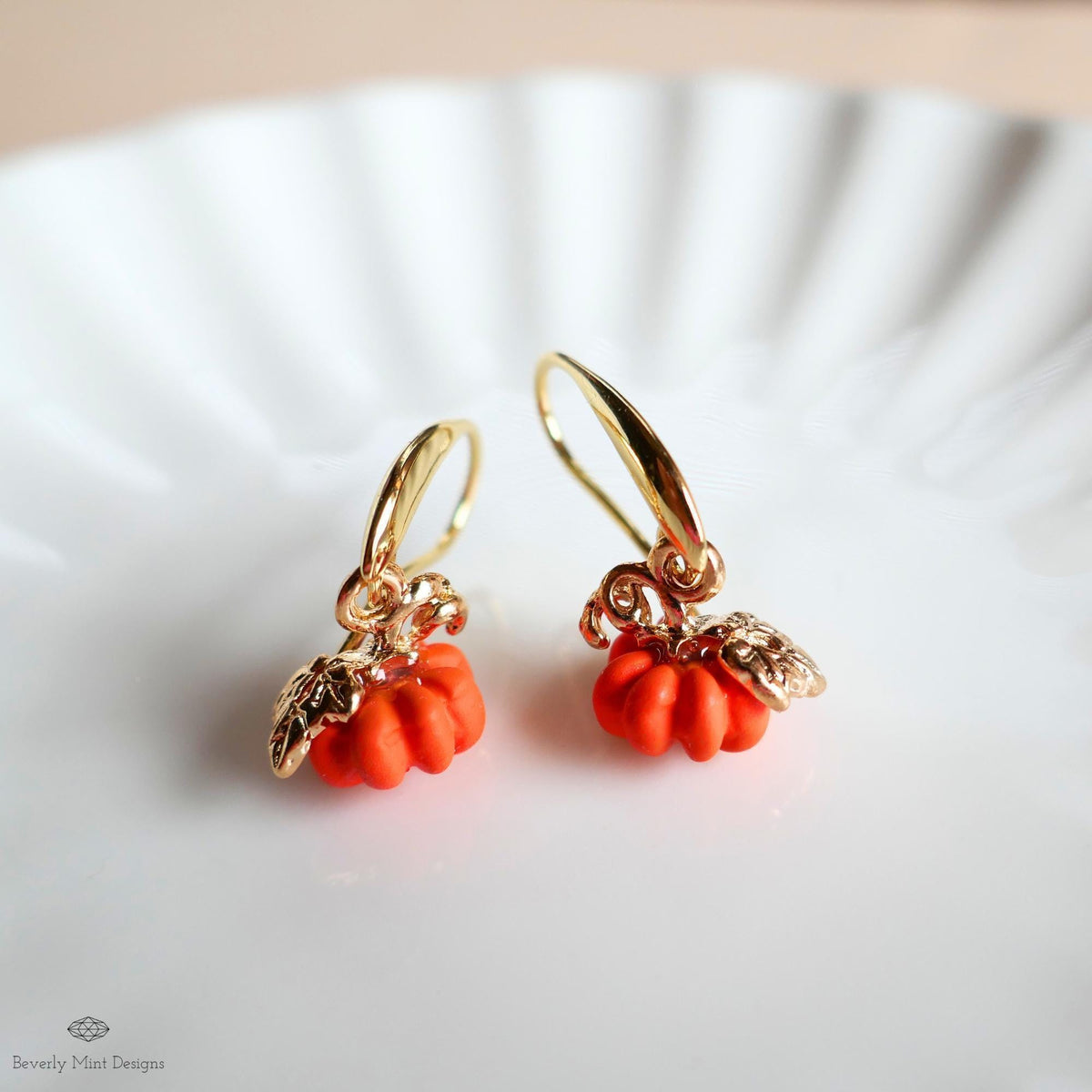 Pumpkin Earrings, Fall Dangle Earrings, Halloween Jewelry, Autumn Gold Earrings, Cute Pumpkin Charms, Sensitive Ear & Clip-On Options