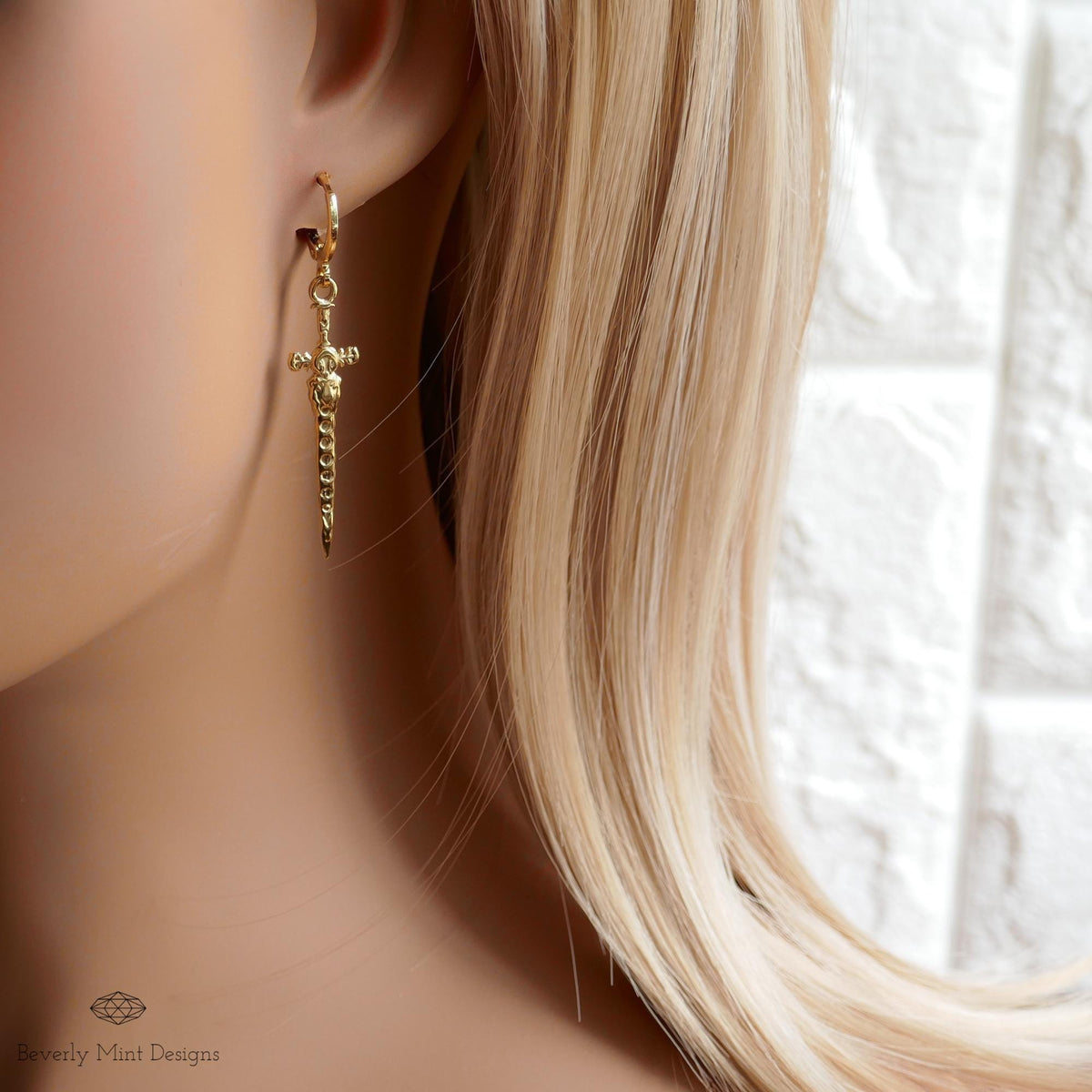 Gold Sword Huggie Earrings, Gothic Dagger Hoop Earrings, Medieval Fantasy Jewelry, Statement Drop Earrings, Sensitive Ear & Clip-On Options