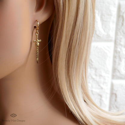 Gold Sword Huggie Earrings, Gothic Dagger Hoop Earrings, Medieval Fantasy Jewelry, Statement Drop Earrings, Sensitive Ear & Clip-On Options