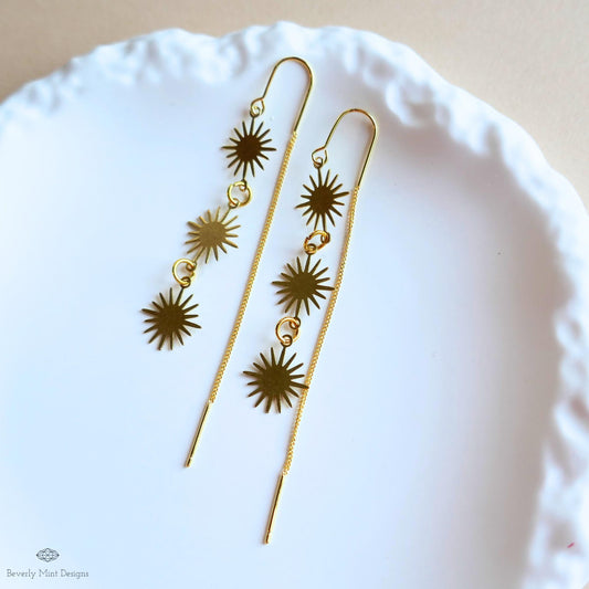 Gold Sunburst Earrings Celestial Drop Earrings Boho Sun Charm Jewelry Statement Dangle Earrings Modern, Sensitive Ear & Clip-On Options